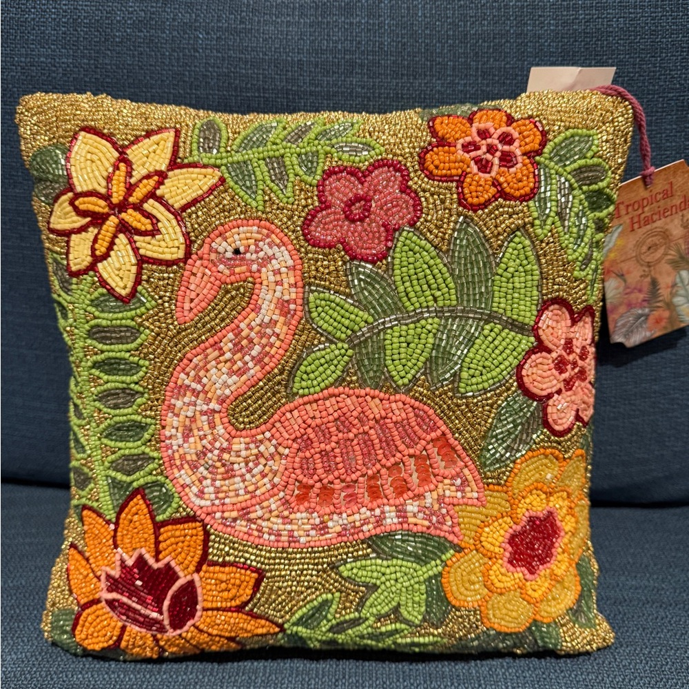 Beaded Flamingo Pillow - Multicolor